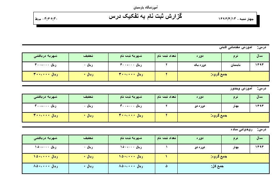 گزارشات برنامه ثبت نام آموزشگاه با اکسس MS Access